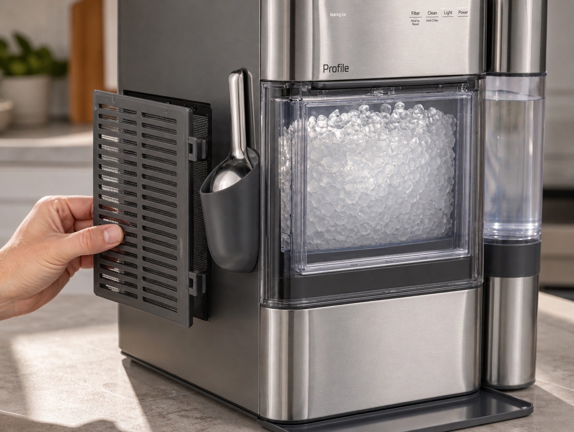 Hand removing the reusable air filter panel from the GE Profile Opal ice maker
