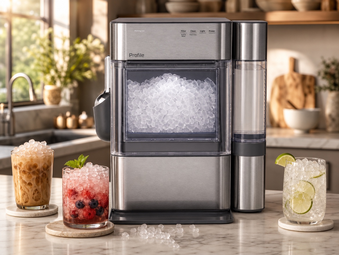 GE Profile Opal nugget ice maker on a premium kitchen counter with nugget-ice drinks