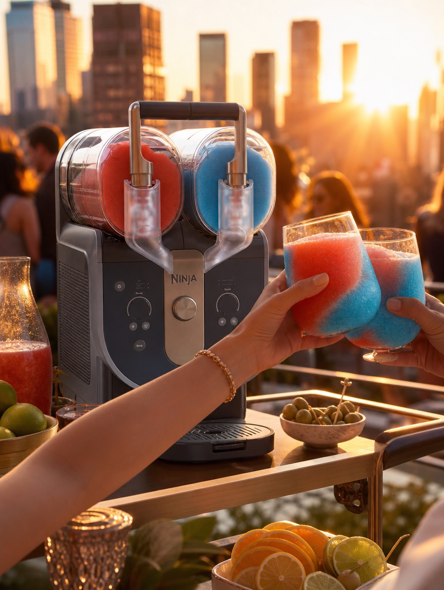 Ninja SLUSHi Twist at a rooftop happy hour at sunset